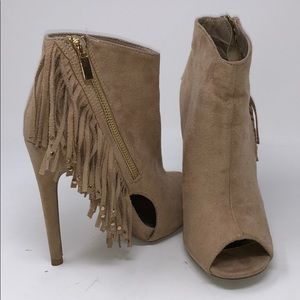Suede Peep Toe Fringe Heels